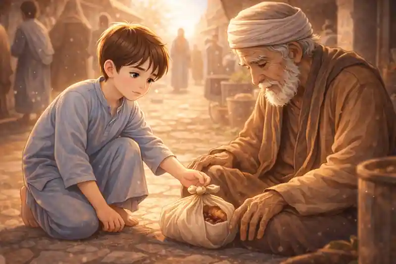 İhtiyaç sahibine gizlice yardım eden çocuk – dini masal görseli